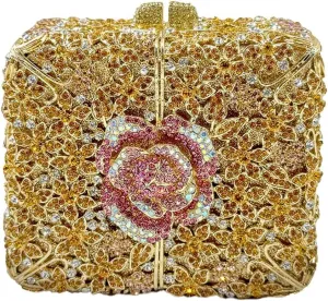 Women Delicate Crystal Evening Bag Floral Rhinestone Clutch Purse Square Box Handbag for Evening Gown Dance Dressy