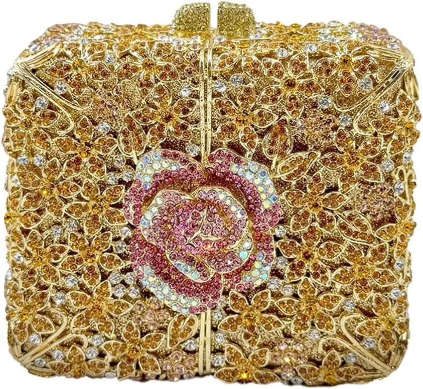 Women Delicate Crystal Evening Bag Floral Rhinestone Clutch Purse Square Box Handbag for Evening Gown Dance Dressy