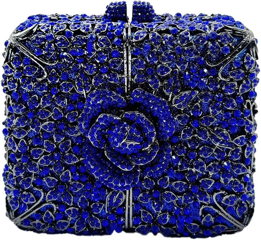 Women Delicate Crystal Evening Bag Floral Rhinestone Clutch Purse Square Box Handbag for Evening Gown Dance Dressy