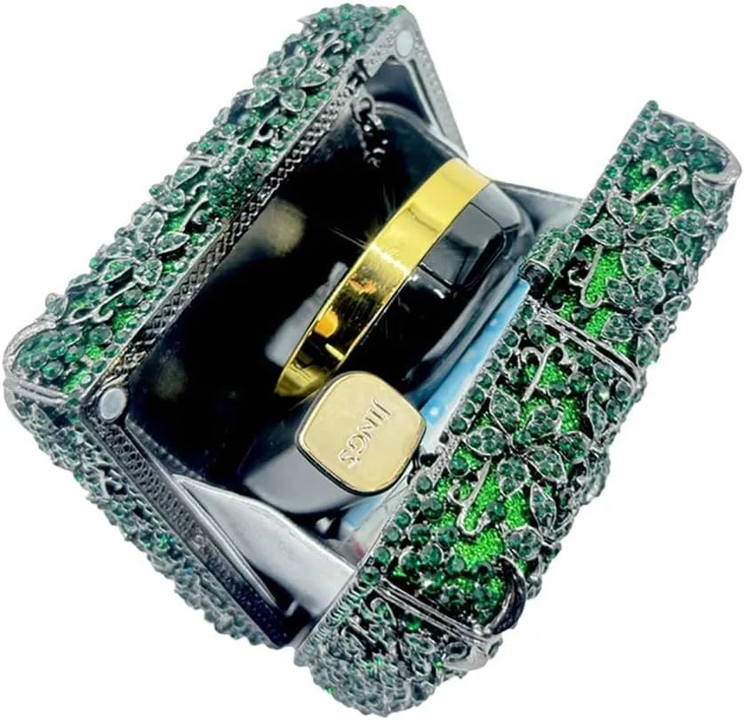 Women Delicate Crystal Evening Bag Floral Rhinestone Clutch Purse Square Box Handbag for Evening Gown Dance Dressy