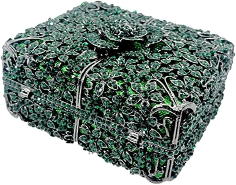 Women Delicate Crystal Evening Bag Floral Rhinestone Clutch Purse Square Box Handbag for Evening Gown Dance Dressy