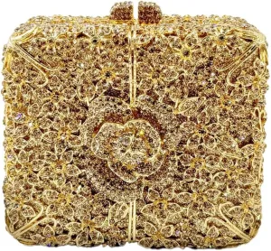 Women Delicate Crystal Evening Bag Floral Rhinestone Clutch Purse Square Box Handbag for Evening Gown Dance Dressy
