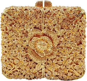 Women Delicate Crystal Evening Bag Floral Rhinestone Clutch Purse Square Box Handbag for Evening Gown Dance Dressy