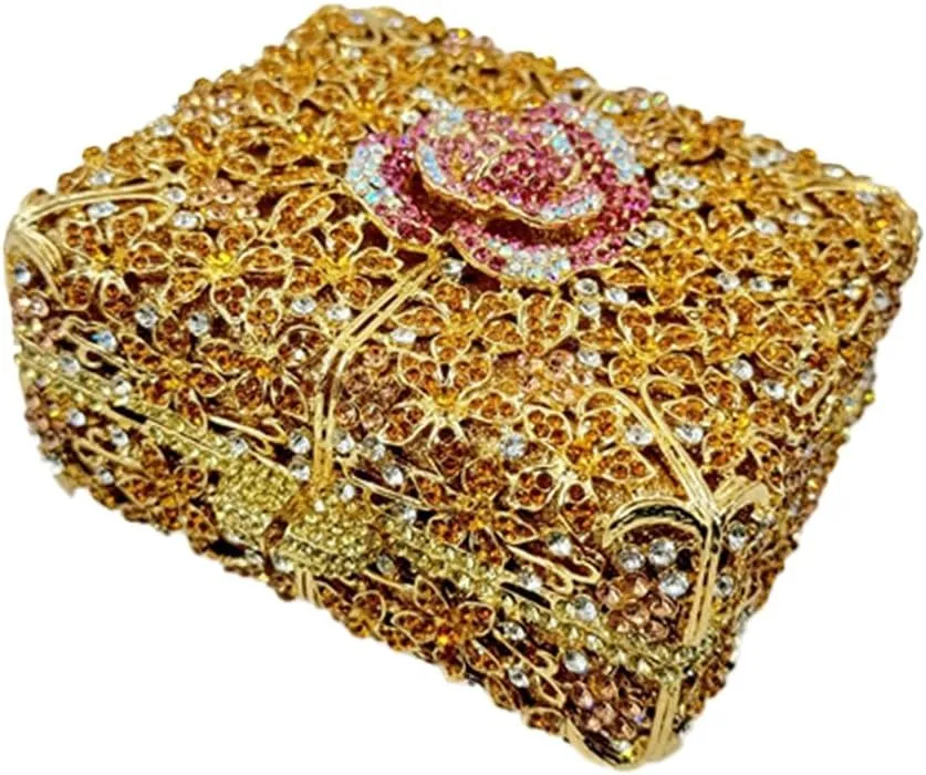 Women Delicate Crystal Evening Bag Floral Rhinestone Clutch Purse Square Box Handbag for Evening Gown Dance Dressy