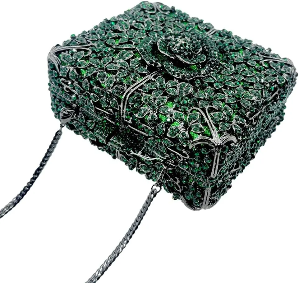 Women Delicate Crystal Evening Bag Floral Rhinestone Clutch Purse Square Box Handbag for Evening Gown Dance Dressy