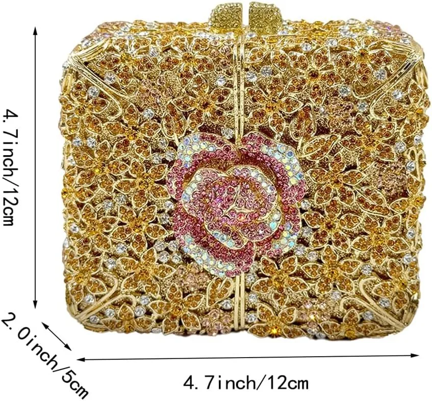 Women Delicate Crystal Evening Bag Floral Rhinestone Clutch Purse Square Box Handbag for Evening Gown Dance Dressy