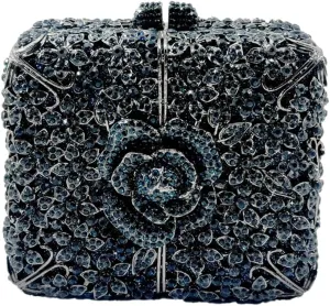 Women Delicate Crystal Evening Bag Floral Rhinestone Clutch Purse Square Box Handbag for Evening Gown Dance Dressy