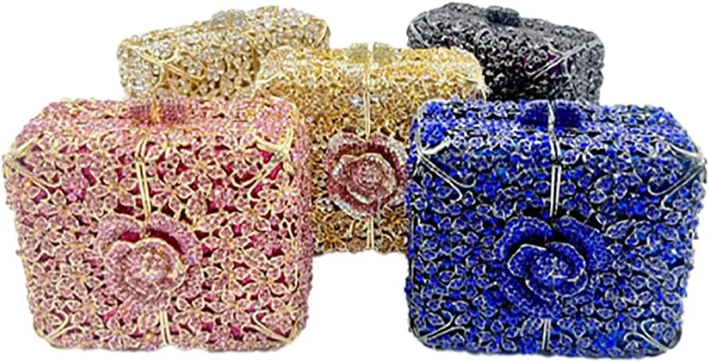 Women Delicate Crystal Evening Bag Floral Rhinestone Clutch Purse Square Box Handbag for Evening Gown Dance Dressy