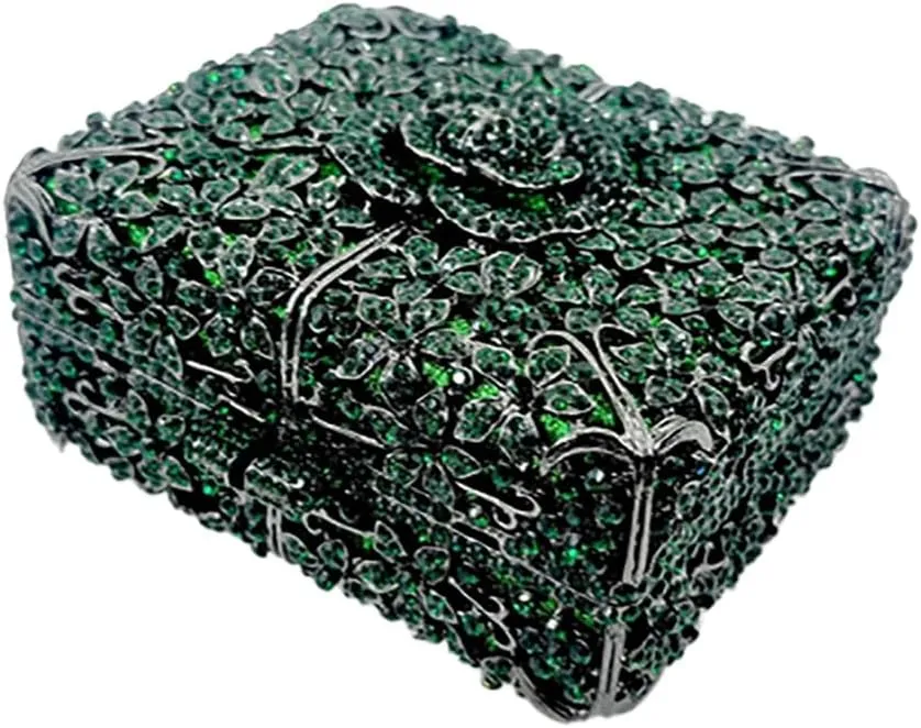 Women Delicate Crystal Evening Bag Floral Rhinestone Clutch Purse Square Box Handbag for Evening Gown Dance Dressy