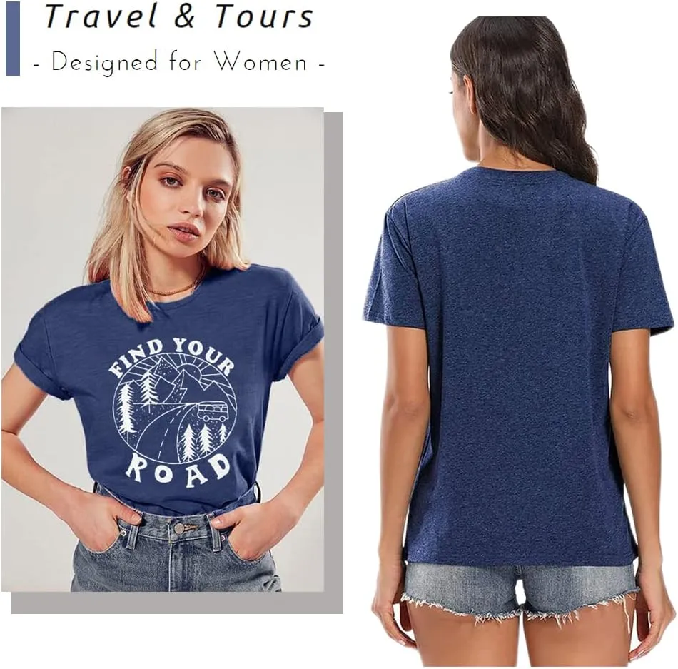 Women Find Your Road T-Shirt Cute Sayings Graphic Short Sleeve Tees Casual Round Neck Athletic Tops