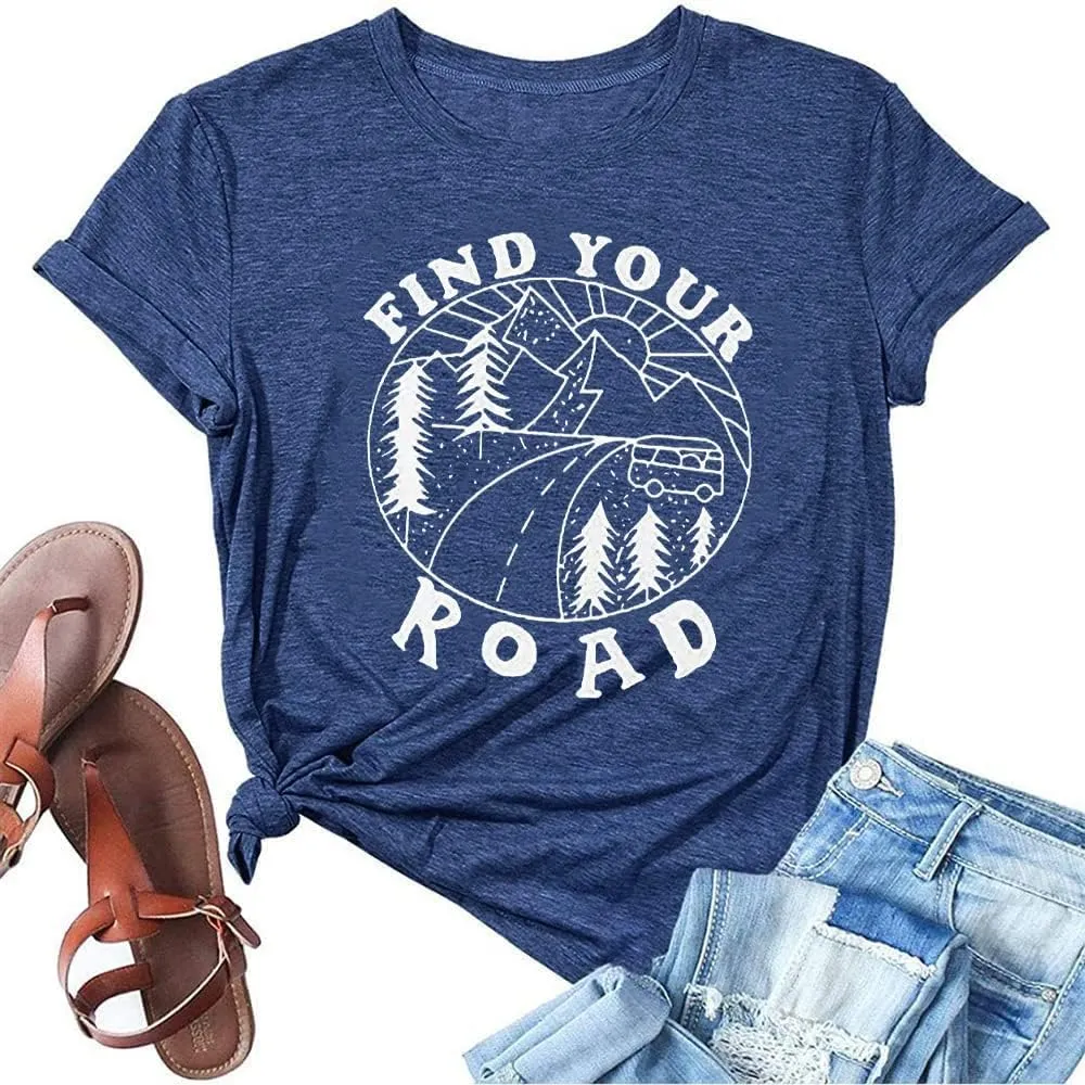 Women Find Your Road T-Shirt Cute Sayings Graphic Short Sleeve Tees Casual Round Neck Athletic Tops
