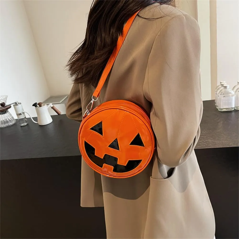 Women Halloween Pumpkin Crossbody Bag PU Leather Novelty Halloween Devil Shoulder Bag Funny Female Daily Halloween B