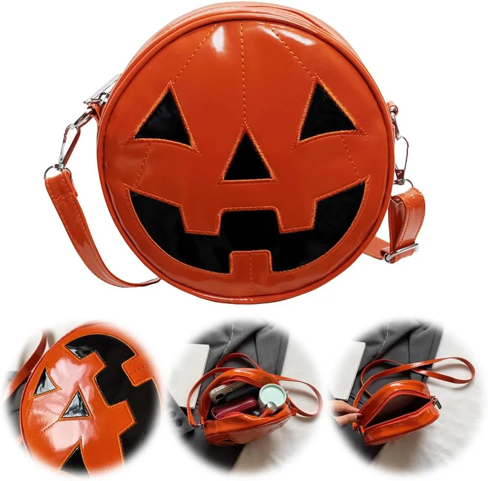 Women Halloween Pumpkin Crossbody Bag PU Leather Novelty Halloween Devil Shoulder Bag Funny Female Daily Halloween B