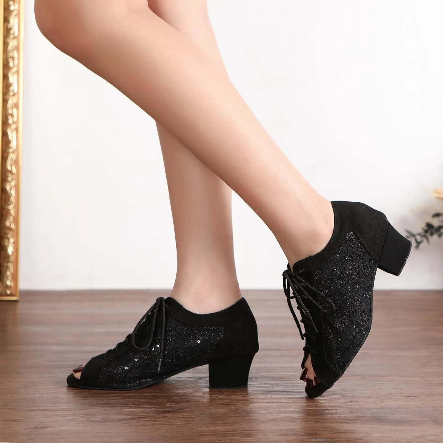 Women Latin Dance Shoes Lace-up Salsa Ballroom Practice Shoes Low Heel Peep Toe Teaching Dance Shoes