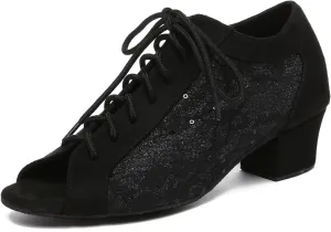 Women Latin Dance Shoes Lace-up Salsa Ballroom Practice Shoes Low Heel Peep Toe Teaching Dance Shoes