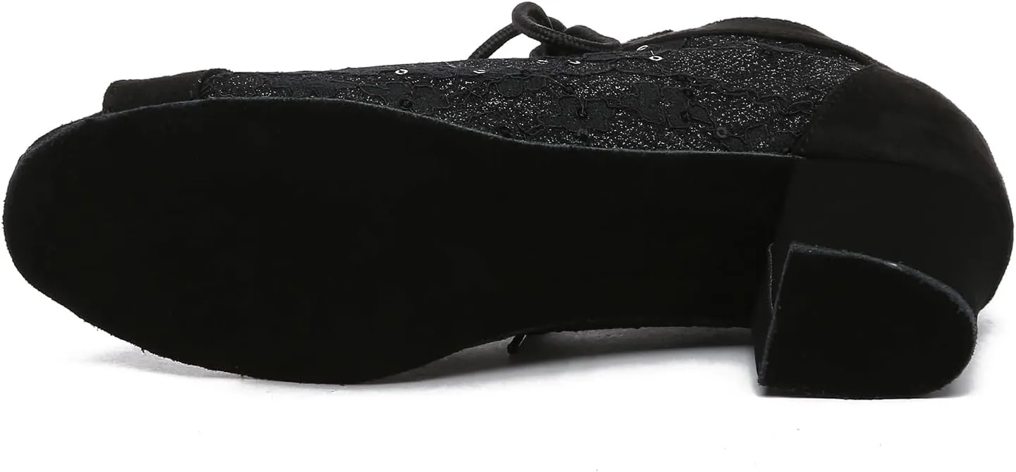 Women Latin Dance Shoes Lace-up Salsa Ballroom Practice Shoes Low Heel Peep Toe Teaching Dance Shoes
