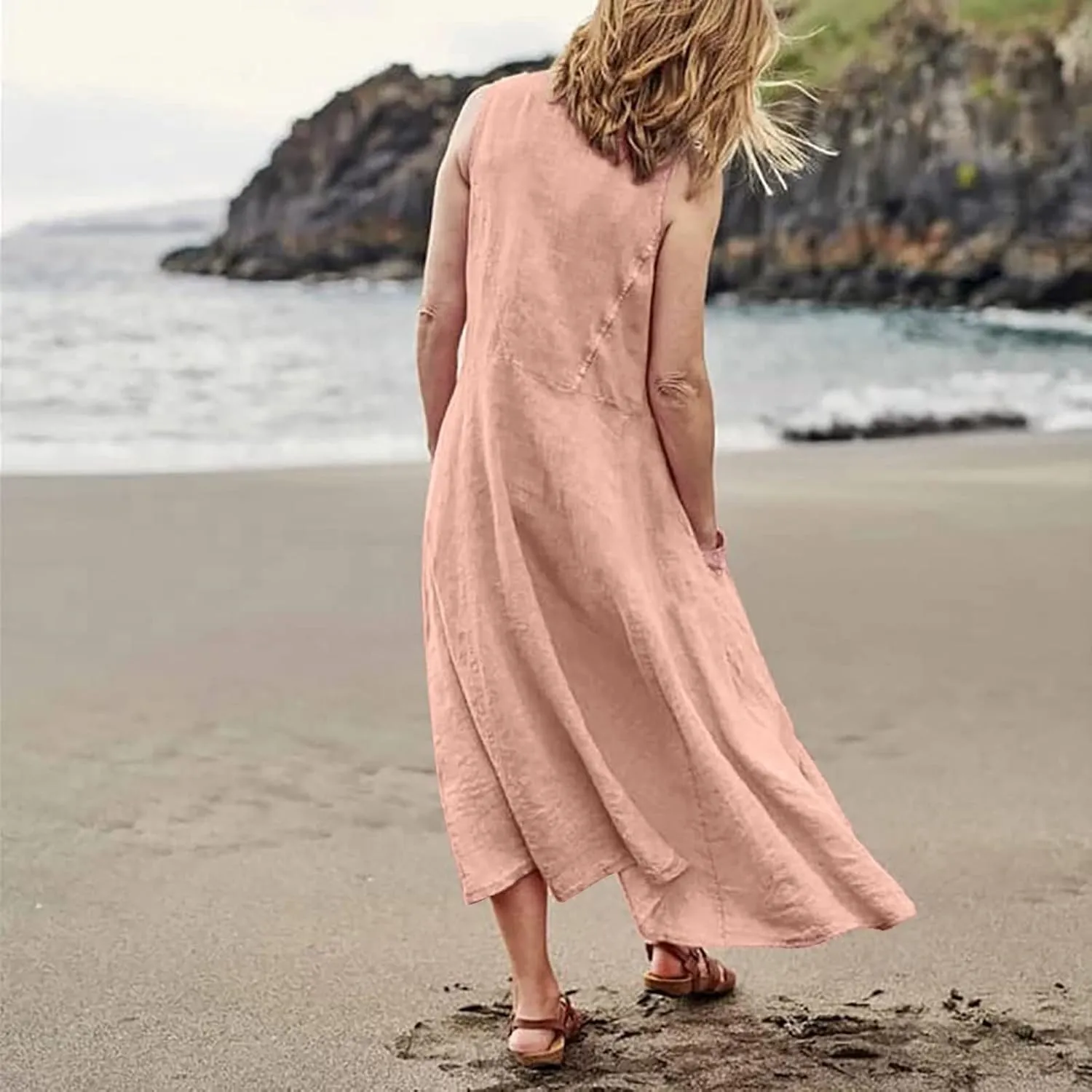 Women Linen Dresses 2025 Summer Cotton Linen Beach Long Dress Sleeveless Elegant Plus Size Maxi Sundress with Pocket