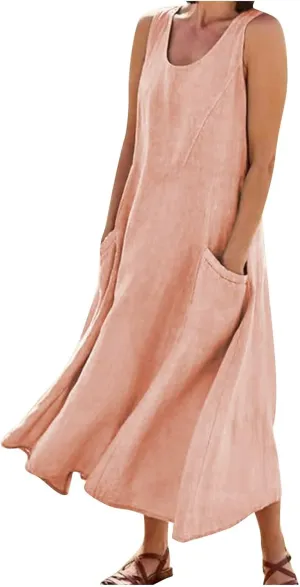 Women Linen Dresses 2025 Summer Cotton Linen Beach Long Dress Sleeveless Elegant Plus Size Maxi Sundress with Pocket