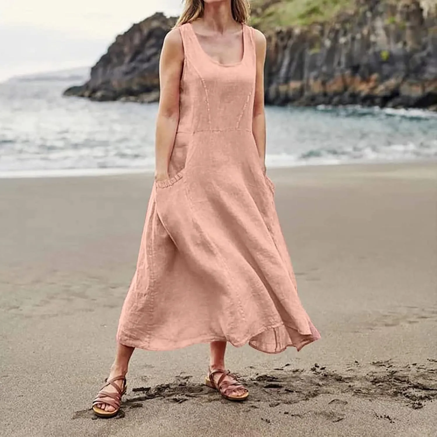 Women Linen Dresses 2025 Summer Cotton Linen Beach Long Dress Sleeveless Elegant Plus Size Maxi Sundress with Pocket