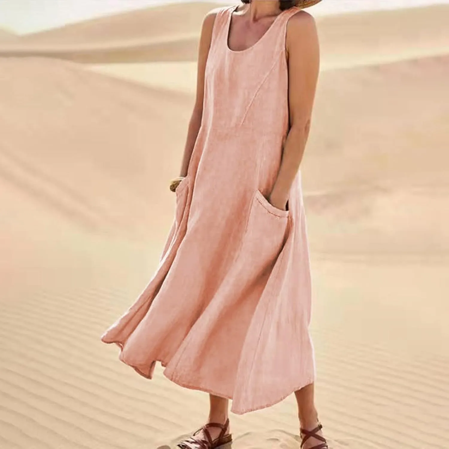 Women Linen Dresses 2025 Summer Cotton Linen Beach Long Dress Sleeveless Elegant Plus Size Maxi Sundress with Pocket