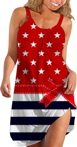 Women's 4th of July USA Flag Print Midi Slip Dress 2024 Summer Casual Beach Dress Plus Size Elegant Flowy Dresses