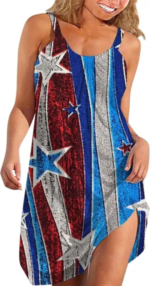 Women's 4th of July USA Flag Print Midi Slip Dress 2024 Summer Casual Beach Dress Plus Size Elegant Flowy Dresses