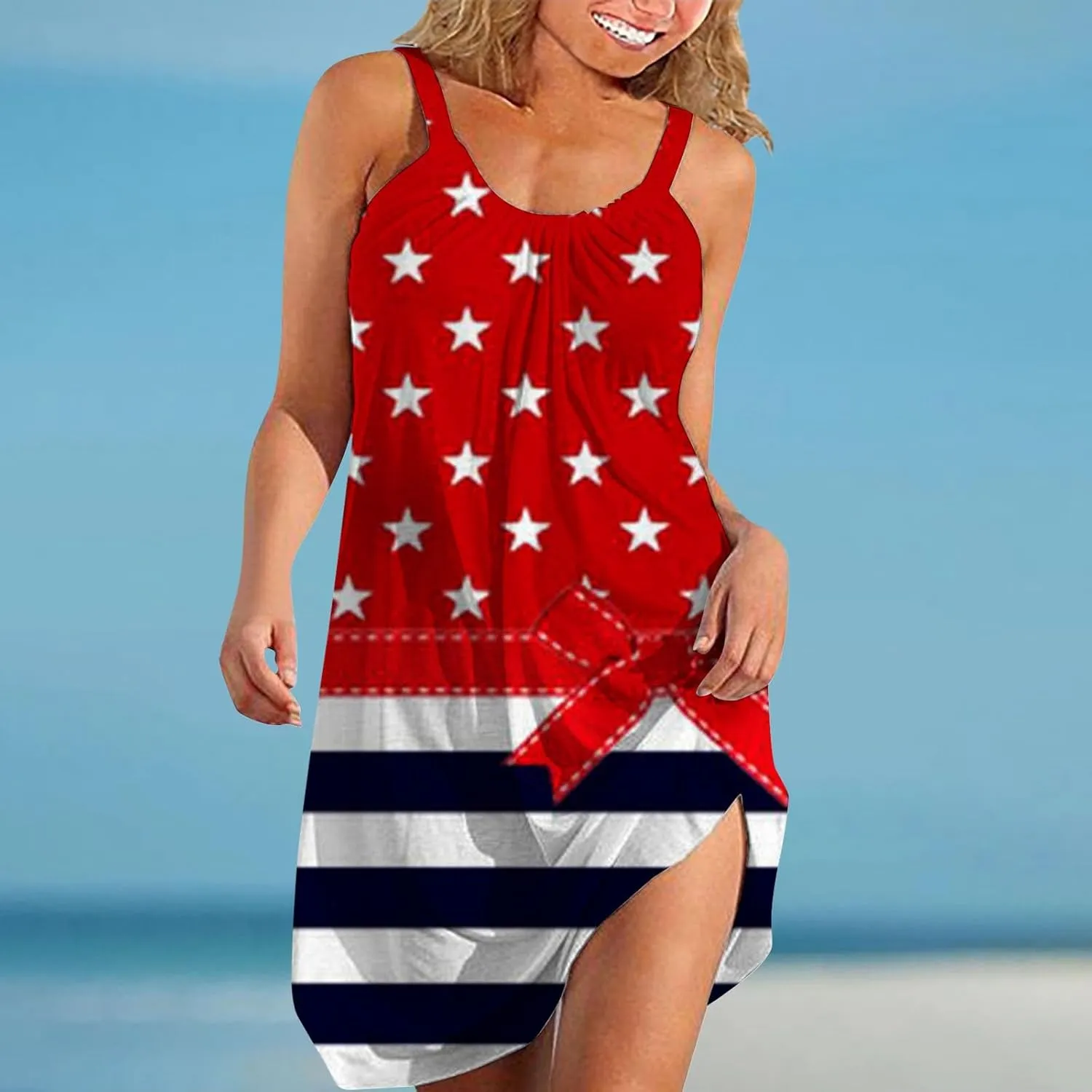 Women's 4th of July USA Flag Print Midi Slip Dress 2024 Summer Casual Beach Dress Plus Size Elegant Flowy Dresses
