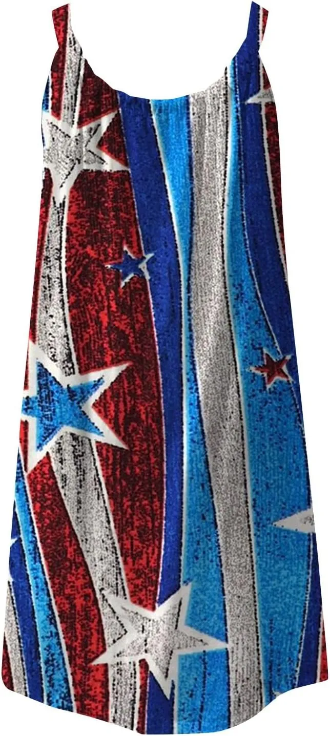 Women's 4th of July USA Flag Print Midi Slip Dress 2024 Summer Casual Beach Dress Plus Size Elegant Flowy Dresses