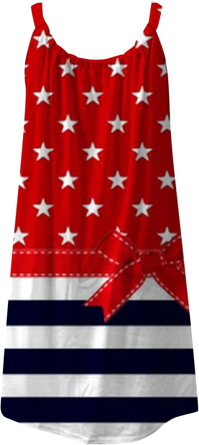 Women's 4th of July USA Flag Print Midi Slip Dress 2024 Summer Casual Beach Dress Plus Size Elegant Flowy Dresses