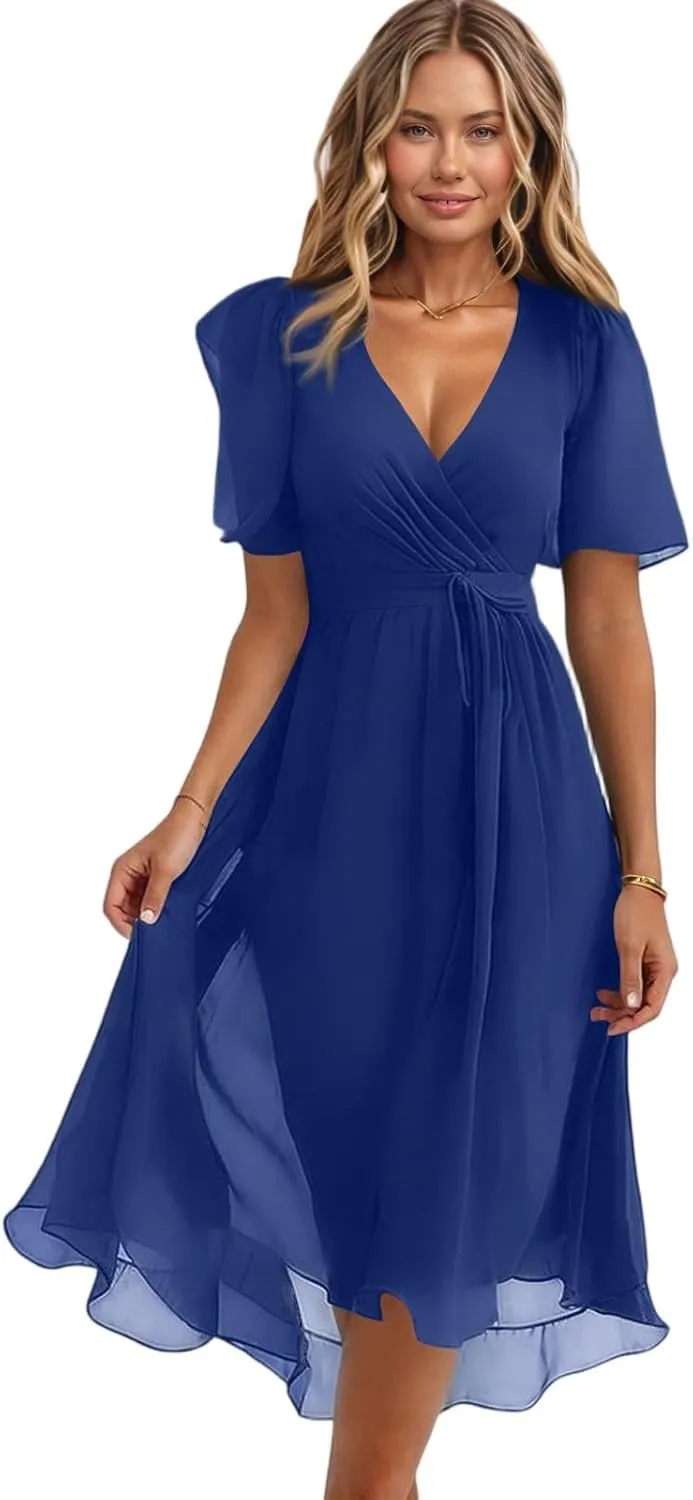 Womens Boho Floral Printed Chiffon Dresses 2025 Spring Elegant V Neck Belted Summer Wedding Prom Cocktail Midi Dress