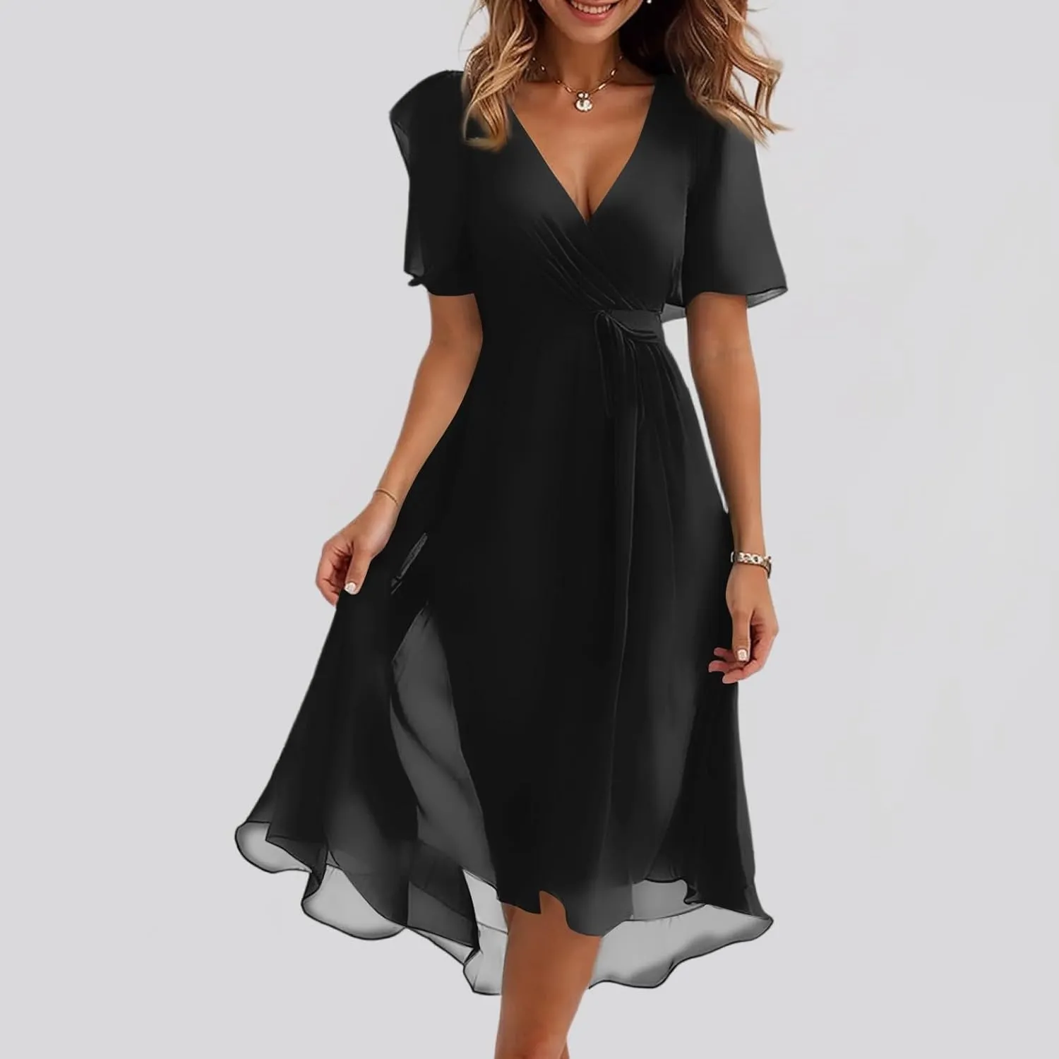 Womens Boho Floral Printed Chiffon Dresses 2025 Spring Elegant V Neck Belted Summer Wedding Prom Cocktail Midi Dress