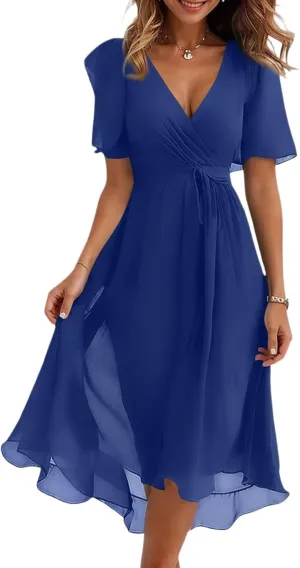 Womens Boho Floral Printed Chiffon Dresses 2025 Spring Elegant V Neck Belted Summer Wedding Prom Cocktail Midi Dress