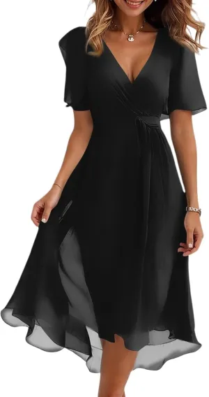 Womens Boho Floral Printed Chiffon Dresses 2025 Spring Elegant V Neck Belted Summer Wedding Prom Cocktail Midi Dress