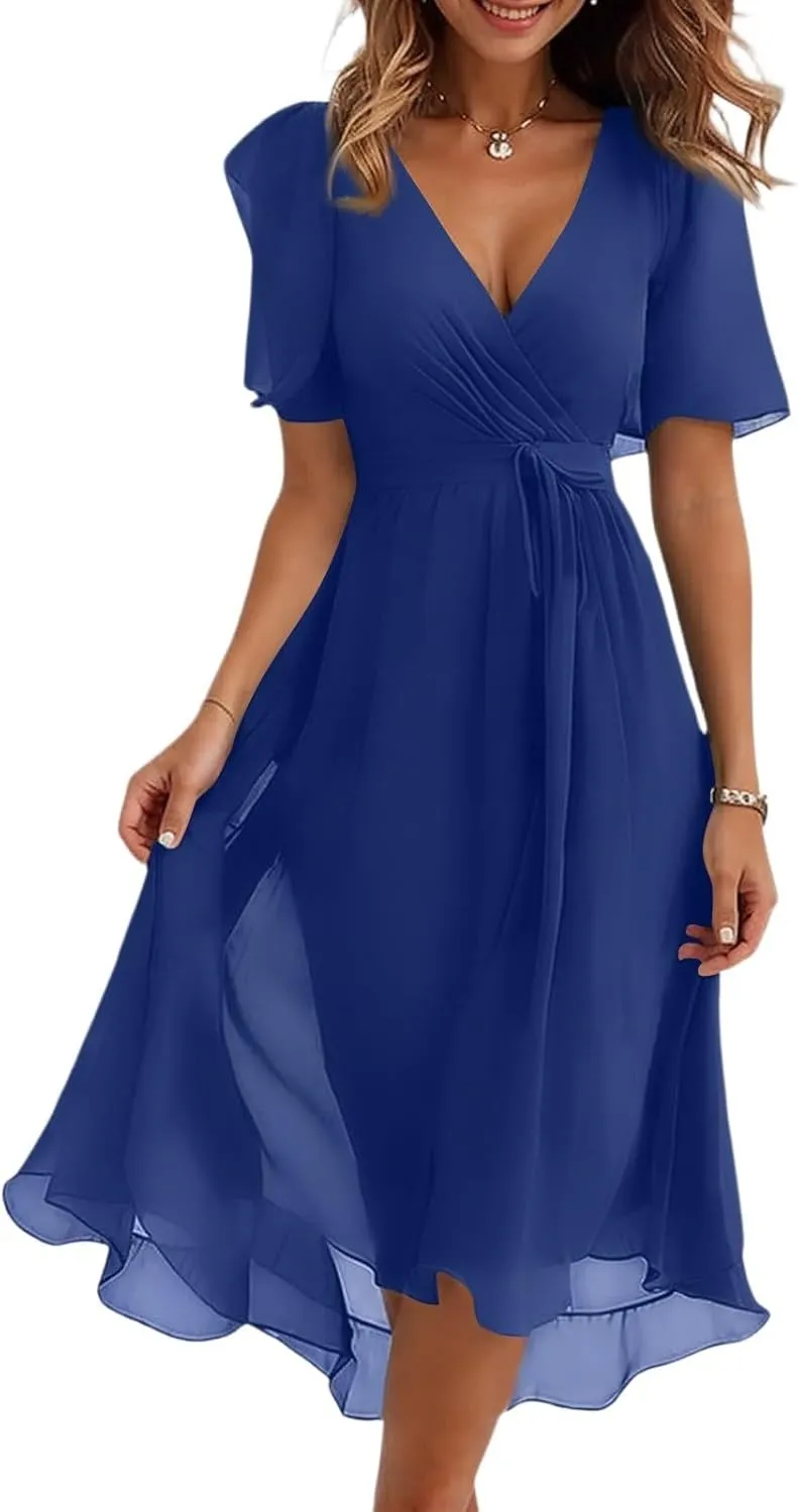 Womens Boho Floral Printed Chiffon Dresses 2025 Spring Elegant V Neck Belted Summer Wedding Prom Cocktail Midi Dress