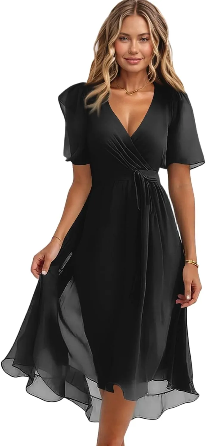 Womens Boho Floral Printed Chiffon Dresses 2025 Spring Elegant V Neck Belted Summer Wedding Prom Cocktail Midi Dress