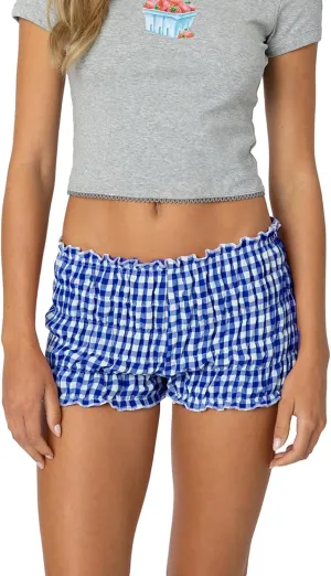 Womens Boxer Shorts Tiered Elastic Scrunch Plaid Shorts Cute Ruffle Pajama Bottoms Soft Cotton Lounge Shorts