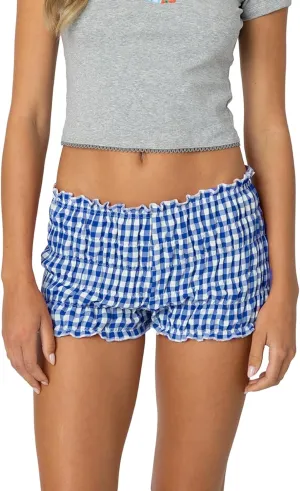 Womens Boxer Shorts Tiered Elastic Scrunch Plaid Shorts Cute Ruffle Pajama Bottoms Soft Cotton Lounge Shorts
