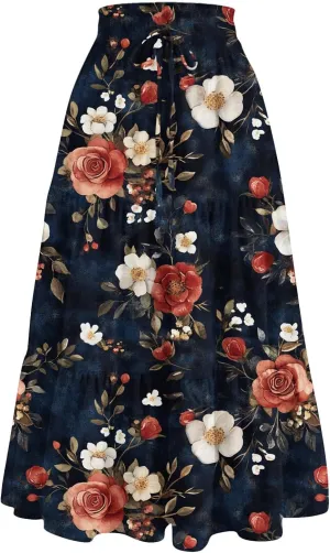 Women's Casual Beach Skirt Floral Elastic High Waist Pleated A-Line Flared Midi Skirts, S-XL