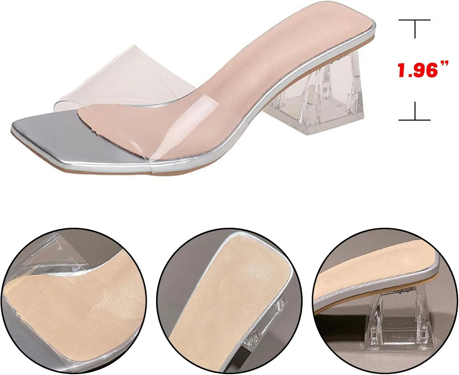 Women'S Clear Rhinestones Anti-Slip Chunky Heels Sandals,Slip on Square Open Toe Mule Heels, Comfortable Dress Prom Wedding Heels Pumps Shoes