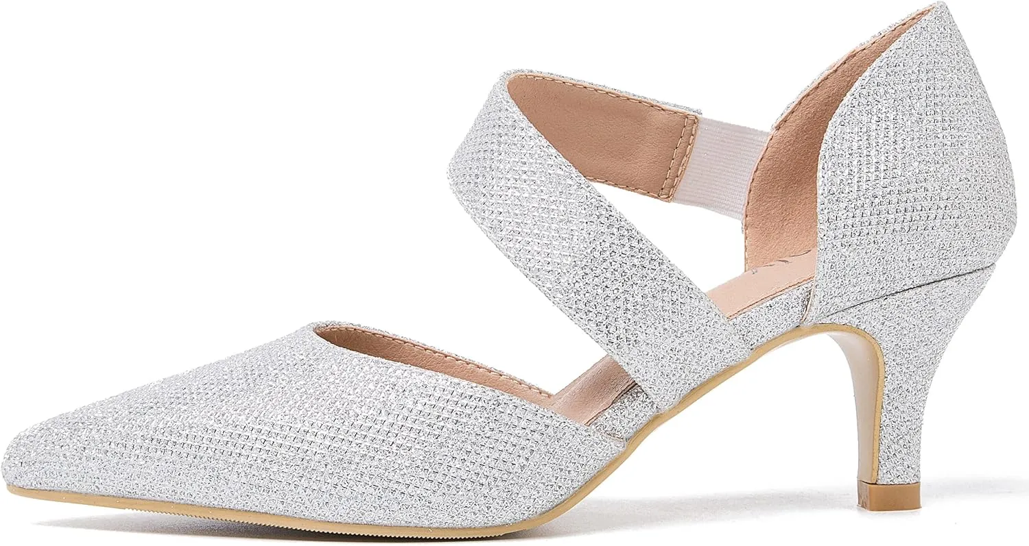 Women's Closed Pointed Toe Heels Strap D'Orsay Kitten Heel Slip On Dressy Pumps