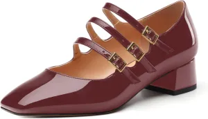 Womens Closed Square Toe Low Chunky Heels for Women Ladies Patent Leather Three Strap Mary Jane Pumps Wedding Party Office Dress Shoes