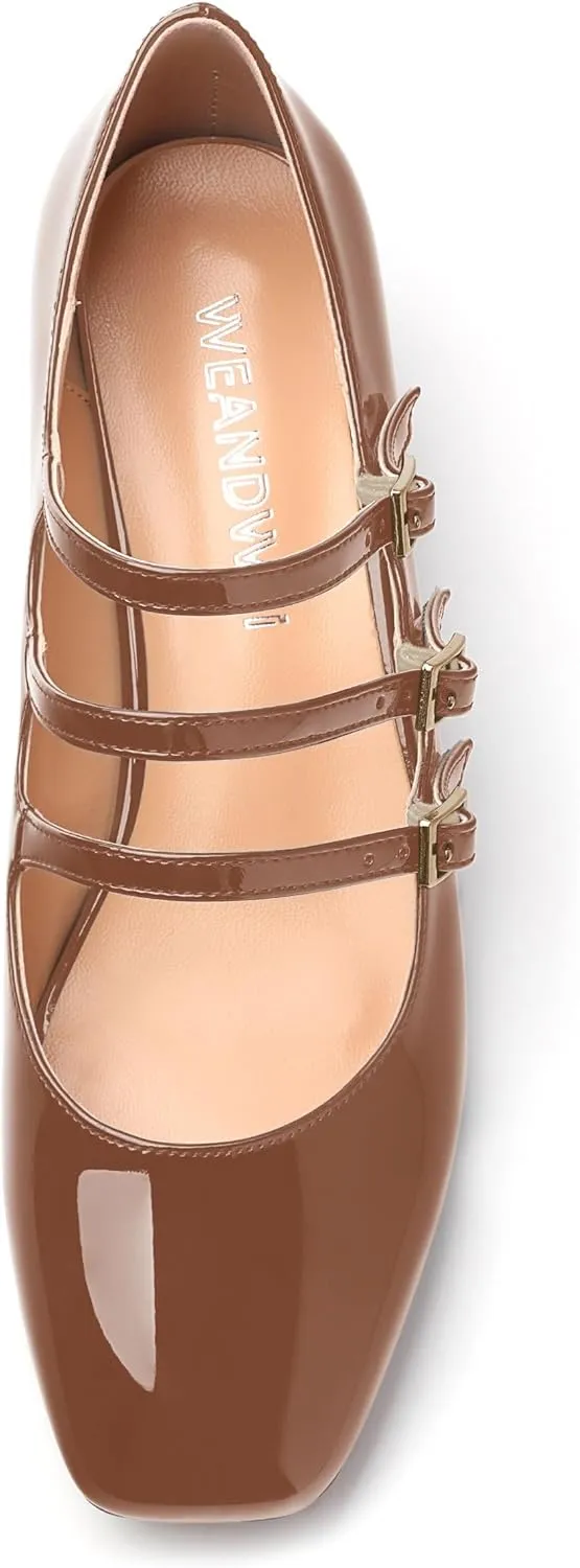 Womens Closed Square Toe Low Chunky Heels for Women Ladies Patent Leather Three Strap Mary Jane Pumps Wedding Party Office Dress Shoes