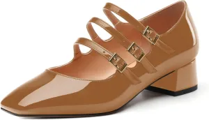 Womens Closed Square Toe Low Chunky Heels for Women Ladies Patent Leather Three Strap Mary Jane Pumps Wedding Party Office Dress Shoes