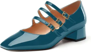 Womens Closed Square Toe Low Chunky Heels for Women Ladies Patent Leather Three Strap Mary Jane Pumps Wedding Party Office Dress Shoes