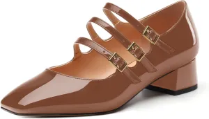 Womens Closed Square Toe Low Chunky Heels for Women Ladies Patent Leather Three Strap Mary Jane Pumps Wedding Party Office Dress Shoes