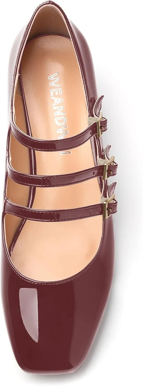 Womens Closed Square Toe Low Chunky Heels for Women Ladies Patent Leather Three Strap Mary Jane Pumps Wedding Party Office Dress Shoes