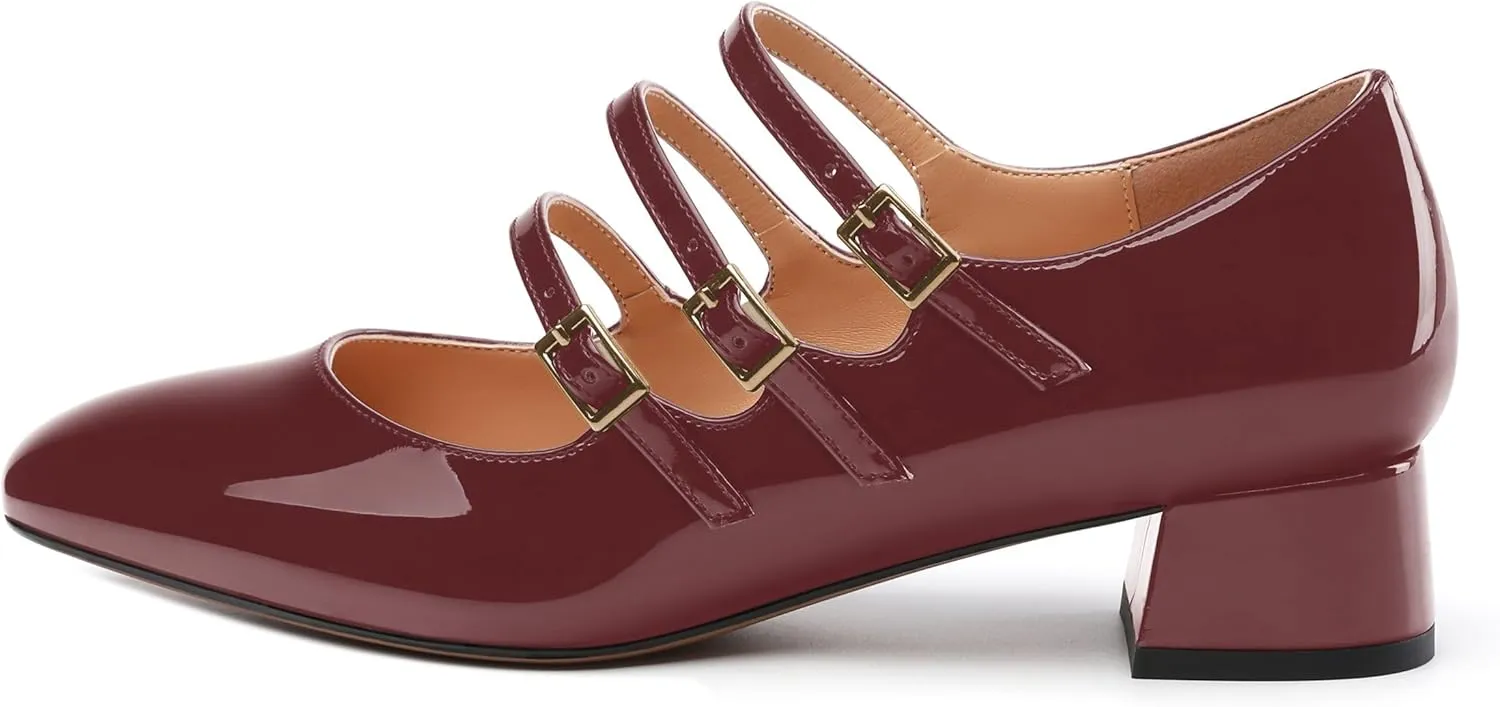 Womens Closed Square Toe Low Chunky Heels for Women Ladies Patent Leather Three Strap Mary Jane Pumps Wedding Party Office Dress Shoes