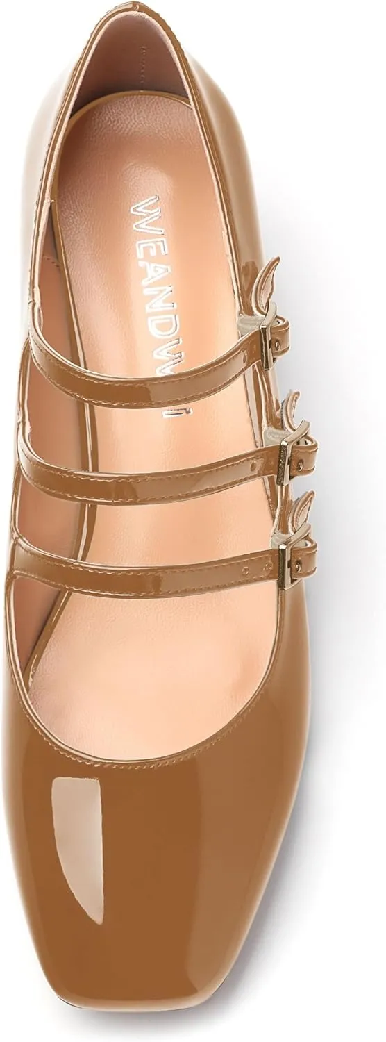 Womens Closed Square Toe Low Chunky Heels for Women Ladies Patent Leather Three Strap Mary Jane Pumps Wedding Party Office Dress Shoes