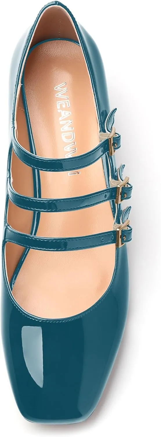 Womens Closed Square Toe Low Chunky Heels for Women Ladies Patent Leather Three Strap Mary Jane Pumps Wedding Party Office Dress Shoes