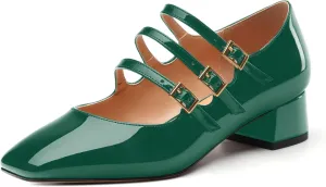 Womens Closed Square Toe Low Chunky Heels for Women Ladies Patent Leather Three Strap Mary Jane Pumps Wedding Party Office Dress Shoes